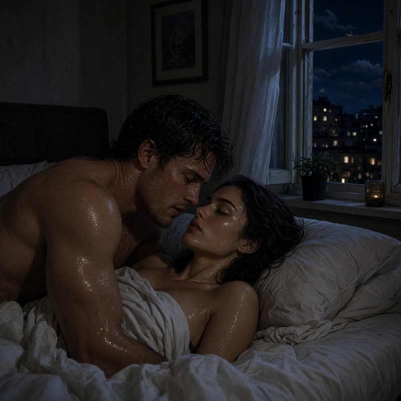 Sweaty couple in bed